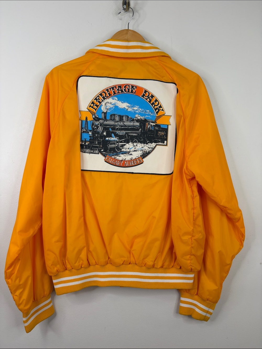 Vintage Track Jacket Mens 2XL Orange Satin Heritage Park Calgary Western Cowboy